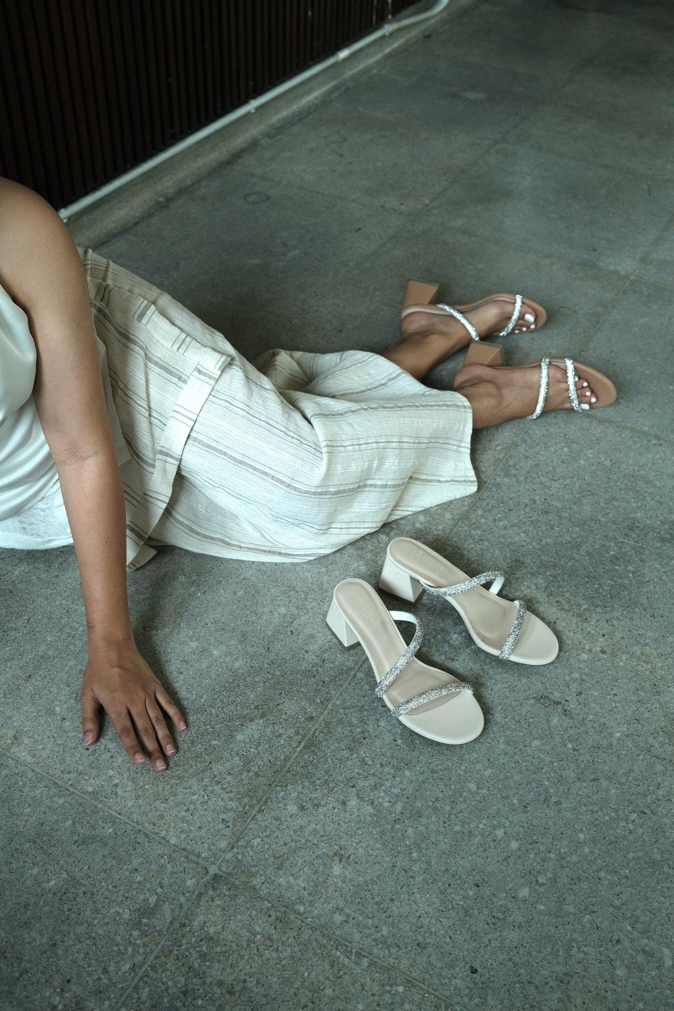 Love Embellished Strappy Block Heels (Off White)