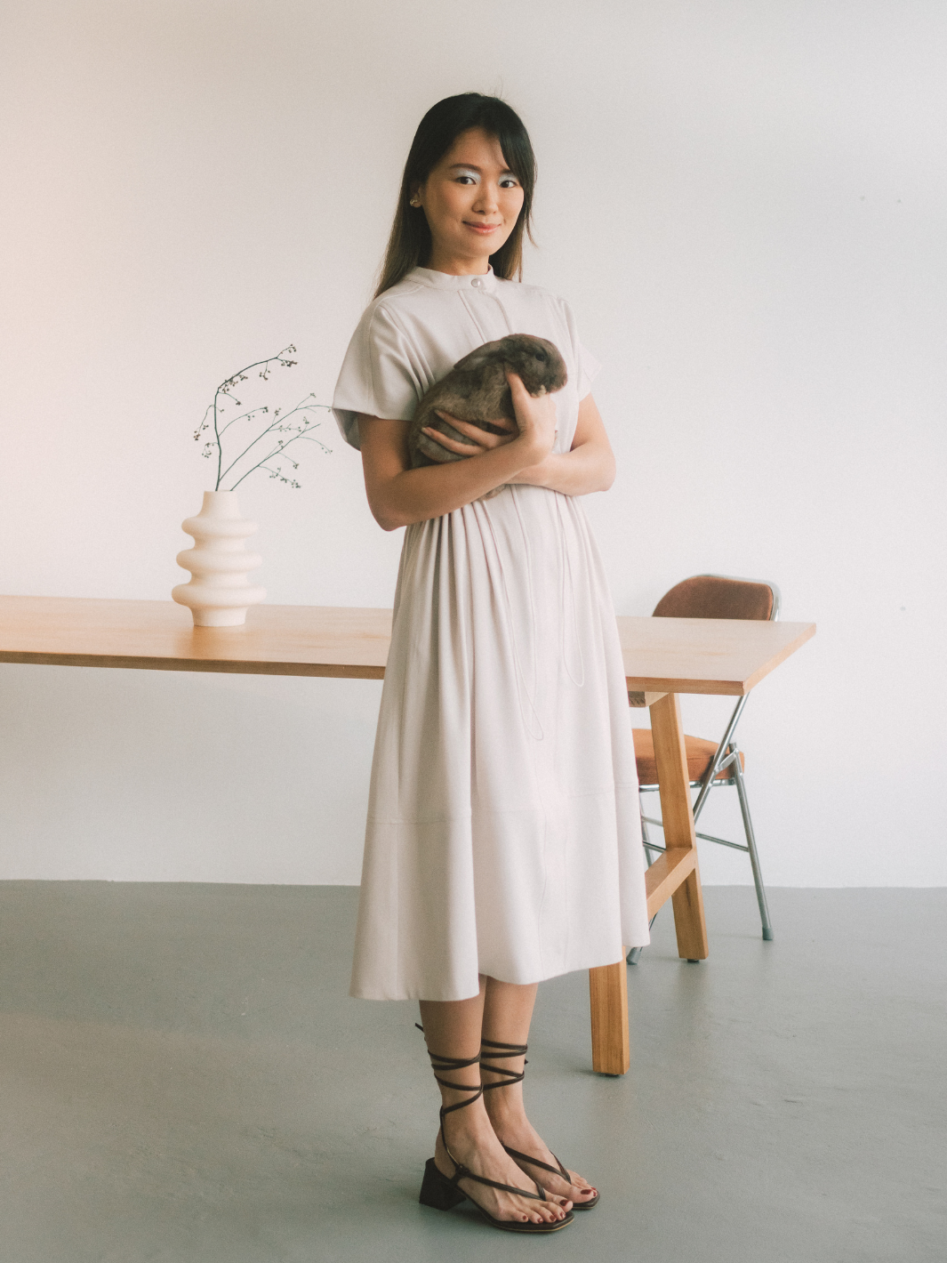 Drawstring Midi Dress Beige Denim