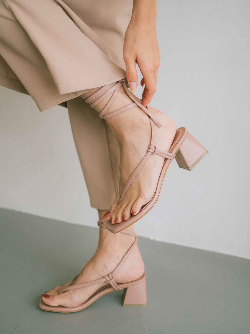 Delila Lace-Up Heel Sandals (Blush)